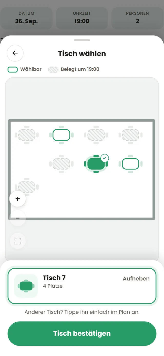 Revisto auf dem Handy: Der Gast tippt im Grundriss auf Tisch 7 und bestätigt ihn